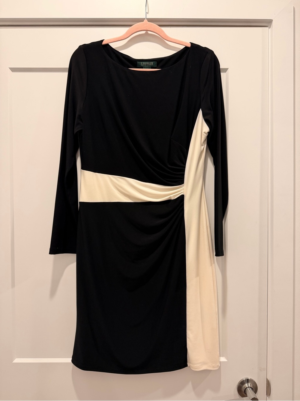 Lauren Ralph Lauren Black & Cream Draped Midi Sheath Dress